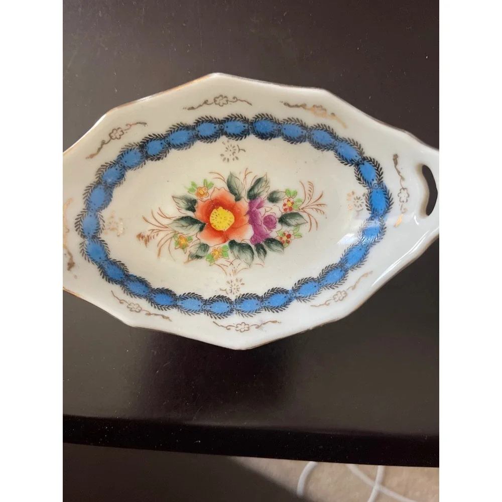 Vintage Occupied Japan Hand Painted Floral Dish Blue Trim Cottagecore Trinket